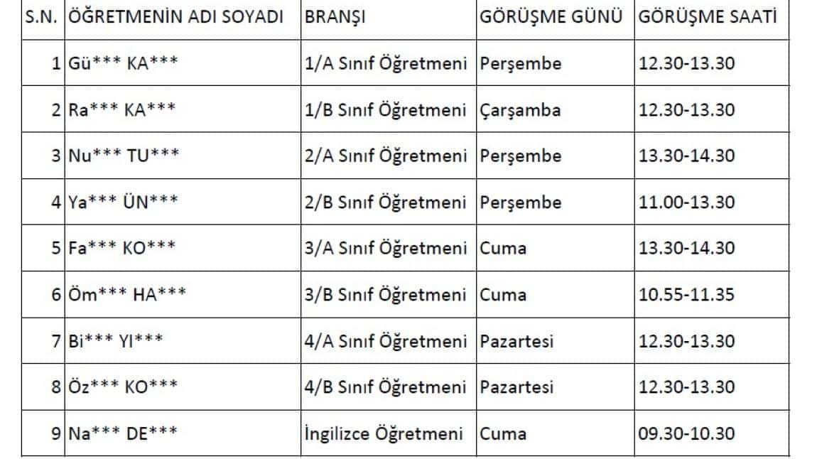 Okulumuz Öğretmen - Veli Görüşme Saatleri